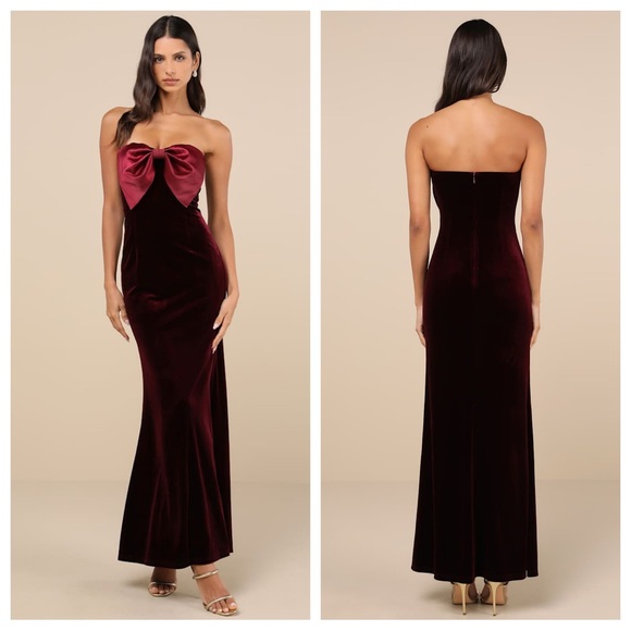 Lulus Dramatic Stunner Burgundy Velvet Bow Strapless Maxi Dress - Picture 1 of 5